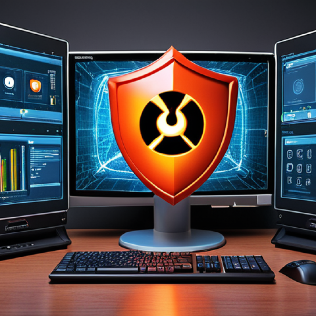 ** A secure computer system protecting critical data, with visual elements representing firewalls, antivirus software, and threat detection.

**