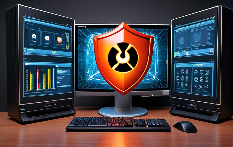 ** A secure computer system protecting critical data, with visual elements representing firewalls, antivirus software, and threat detection.
**