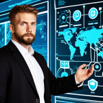 **Cybersecurity Professional:** A confident cybersecurity professional standing in front of a complex network diagram, showcasing their expertise and the importance of information security. This can include imagery related to ethical hacking, data protection, or network defense, highlighting the practical application of their certification.