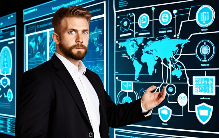 **Cybersecurity Professional:** A confident cybersecurity professional standing in front of a complex network diagram, showcasing their expertise and the importance of information security. This can include imagery related to ethical hacking, data protection, or network defense, highlighting the practical application of their certification.