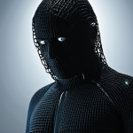 ** A shadowy figure ("musuh dalam selimut" - enemy within) representing a cybercriminal, using AI tools to scan for vulnerabilities in a network represented by interconnected nodes. Focus on the contrast between the sleek, modern AI interface and the malicious intent of the figure.

**