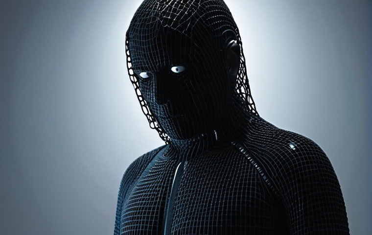 ** A shadowy figure ("musuh dalam selimut" - enemy within) representing a cybercriminal, using AI tools to scan for vulnerabilities in a network represented by interconnected nodes. Focus on the contrast between the sleek, modern AI interface and the malicious intent of the figure.
**