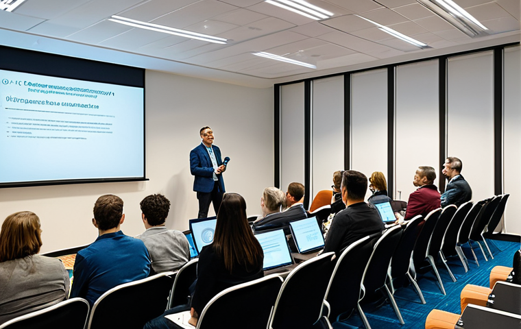 Cybersecurity Awareness**
A diverse group of people attending a cybersecurity awareness seminar in a modern conference room. A presenter is on stage, displaying a slide about phishing scams. Attendees are attentively listening and taking notes. The atmosphere is professional and informative. Fully clothed, appropriate attire, safe for work, perfect anatomy, natural proportions, family-friendly, professional photography, high quality.
**