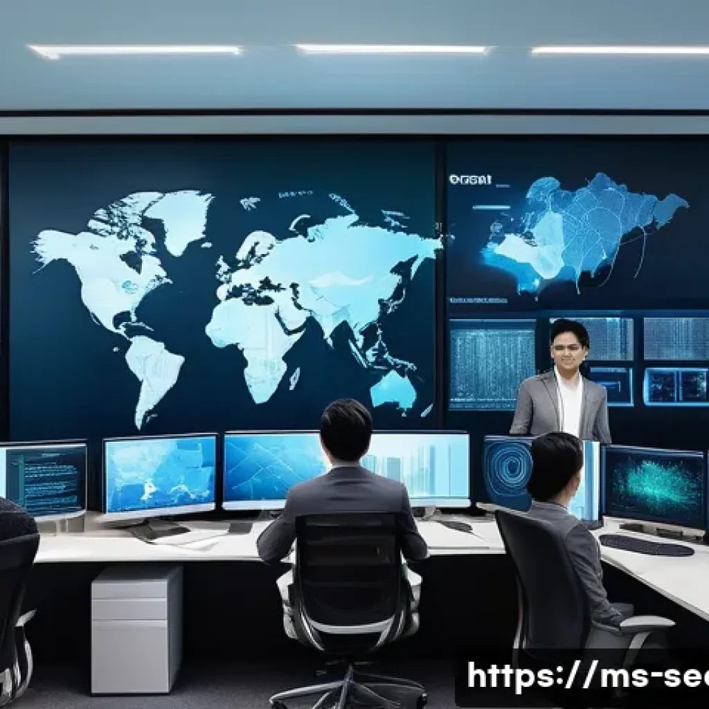 정보보안학 박사과정 - A detailed modern office scene showing a diverse group of Malaysian cybersecurity professionals work...