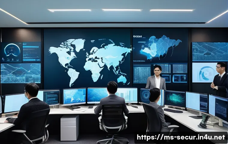 정보보안학 박사과정 - A detailed modern office scene showing a diverse group of Malaysian cybersecurity professionals work...