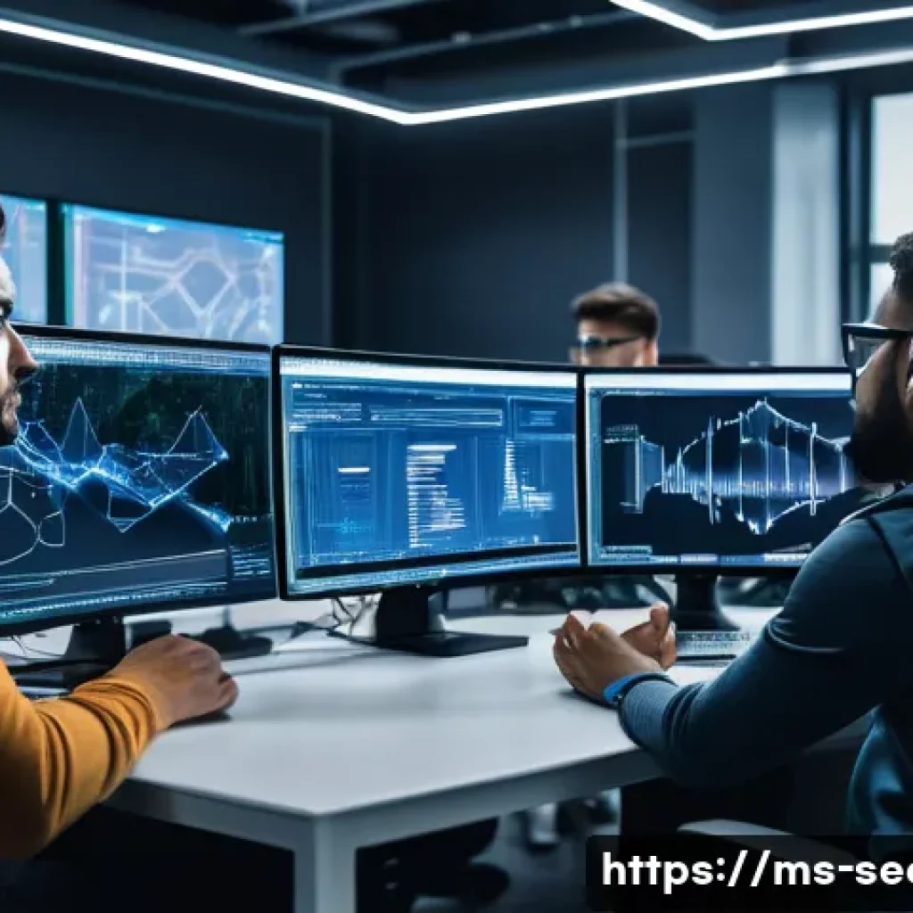정보보안학 해커톤 참여 - A diverse group of young cybersecurity professionals collaborating intensely around a high-tech work...