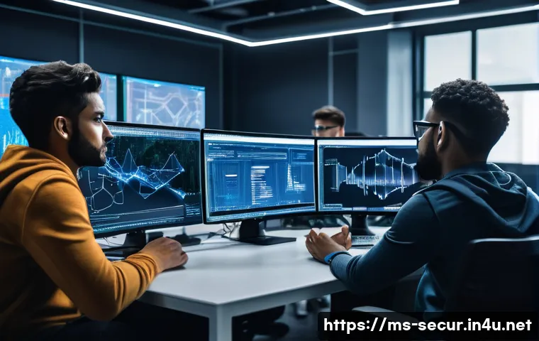 정보보안학 해커톤 참여 - A diverse group of young cybersecurity professionals collaborating intensely around a high-tech work...