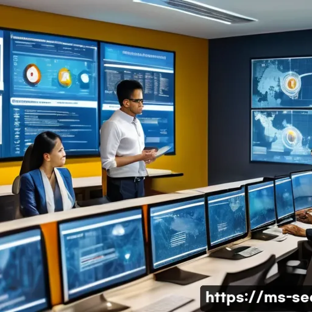 정보보안학 위험 관리 - A modern Malaysian office environment with diverse employees working on computers, focused on cybers...
