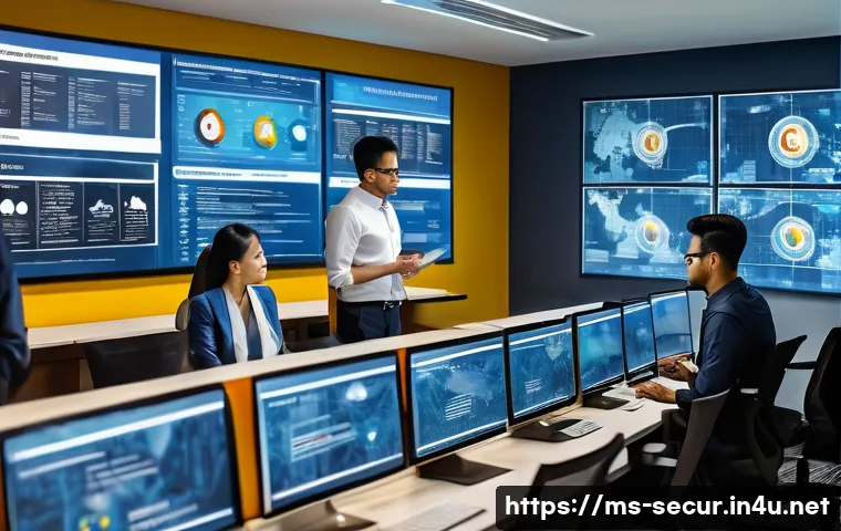 정보보안학 위험 관리 - A modern Malaysian office environment with diverse employees working on computers, focused on cybers...
