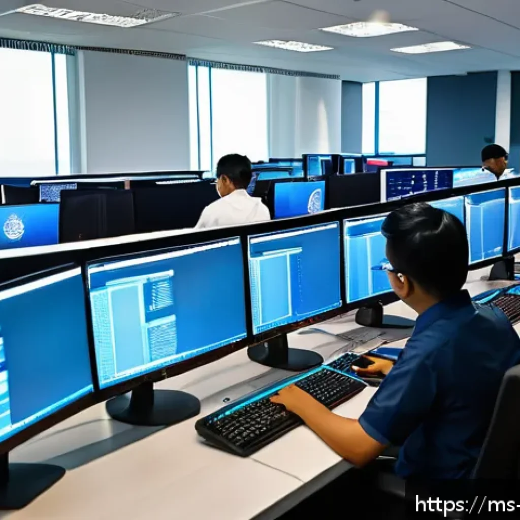 정보보안학 실무 인터십 - A detailed office scene showing a diverse Malaysian cybersecurity intern team actively monitoring mu...