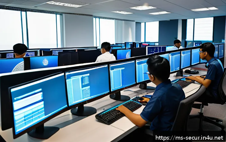 정보보안학 실무 인터십 - A detailed office scene showing a diverse Malaysian cybersecurity intern team actively monitoring mu...
