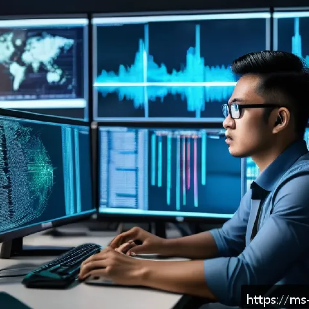 정보보안학 맬웨어 분석 - A modern cybersecurity analyst working in a high-tech Malaysian office, intensely examining multiple...