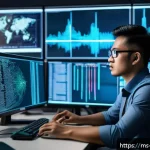 정보보안학 맬웨어 분석 - A modern cybersecurity analyst working in a high-tech Malaysian office, intensely examining multiple...