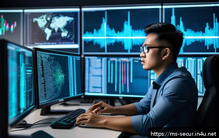 정보보안학 맬웨어 분석 - A modern cybersecurity analyst working in a high-tech Malaysian office, intensely examining multiple...