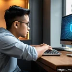 정보보안학 정보 보안 교육 - A modern Malaysian urban home office scene showing a young adult male working on a laptop with multi...