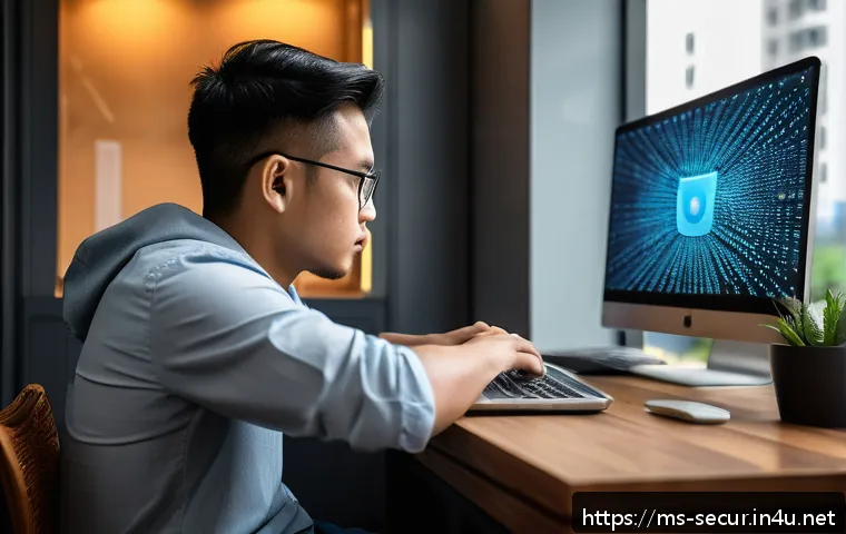 정보보안학 정보 보안 교육 - A modern Malaysian urban home office scene showing a young adult male working on a laptop with multi...