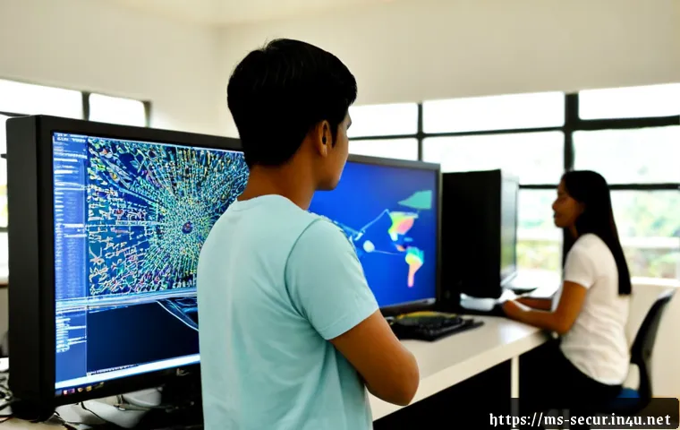 Home 17 정보보안학 해킹 기법 - Photorealistic cybersecurity education scene in a modern Malaysian university computer lab, adult st...
